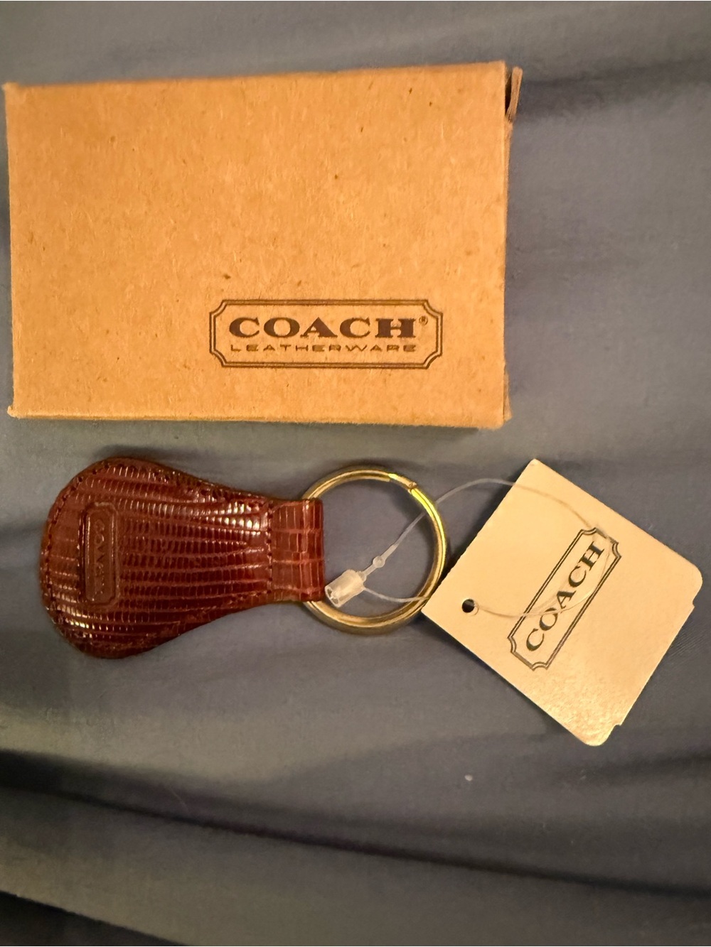 New in box NWT Vintage Coach Lizard Cognac brown red Key Fob Ring Gold hardware